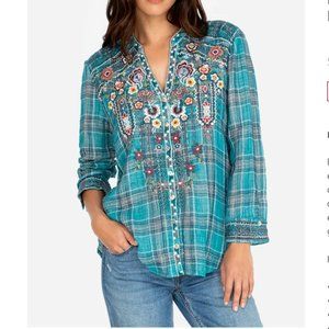 Johnny Was Raquel V-Neck Button Down Blouse in Teal Size Small